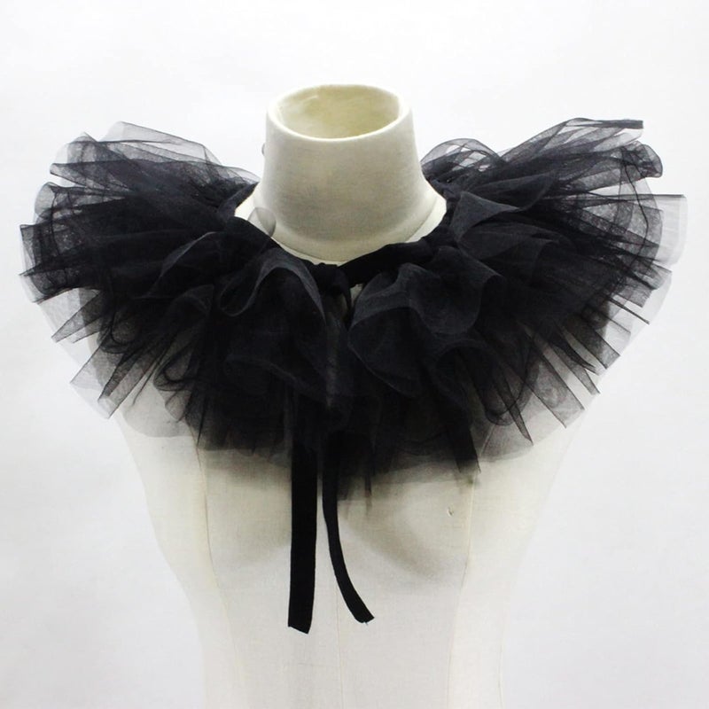 XUYUH Decorative Collar Victorian Ruffled Mesh Fake Collar Shawl Tulle Clown Cosplay Neck Ruff Choker, 40cm, Black - Image 2